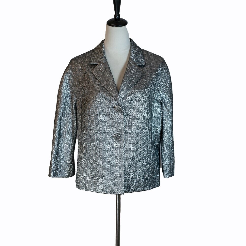 Jones New York Collection Womens Metallic Silver Jacket Blazer 3/4 Sleeves Sz14